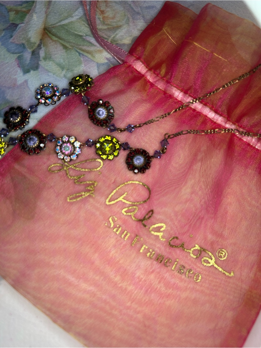 Liz Palacios Purple Pink Green Aurora Borealis Crystal Flower Pendant Necklace - Picture 9 of 14